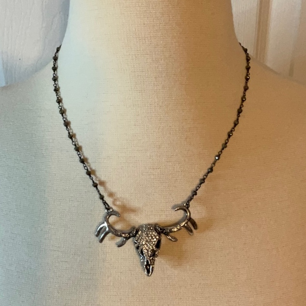 CC Jordan Designs Silver Rhinestone Skull Cowgirl Necklace‎